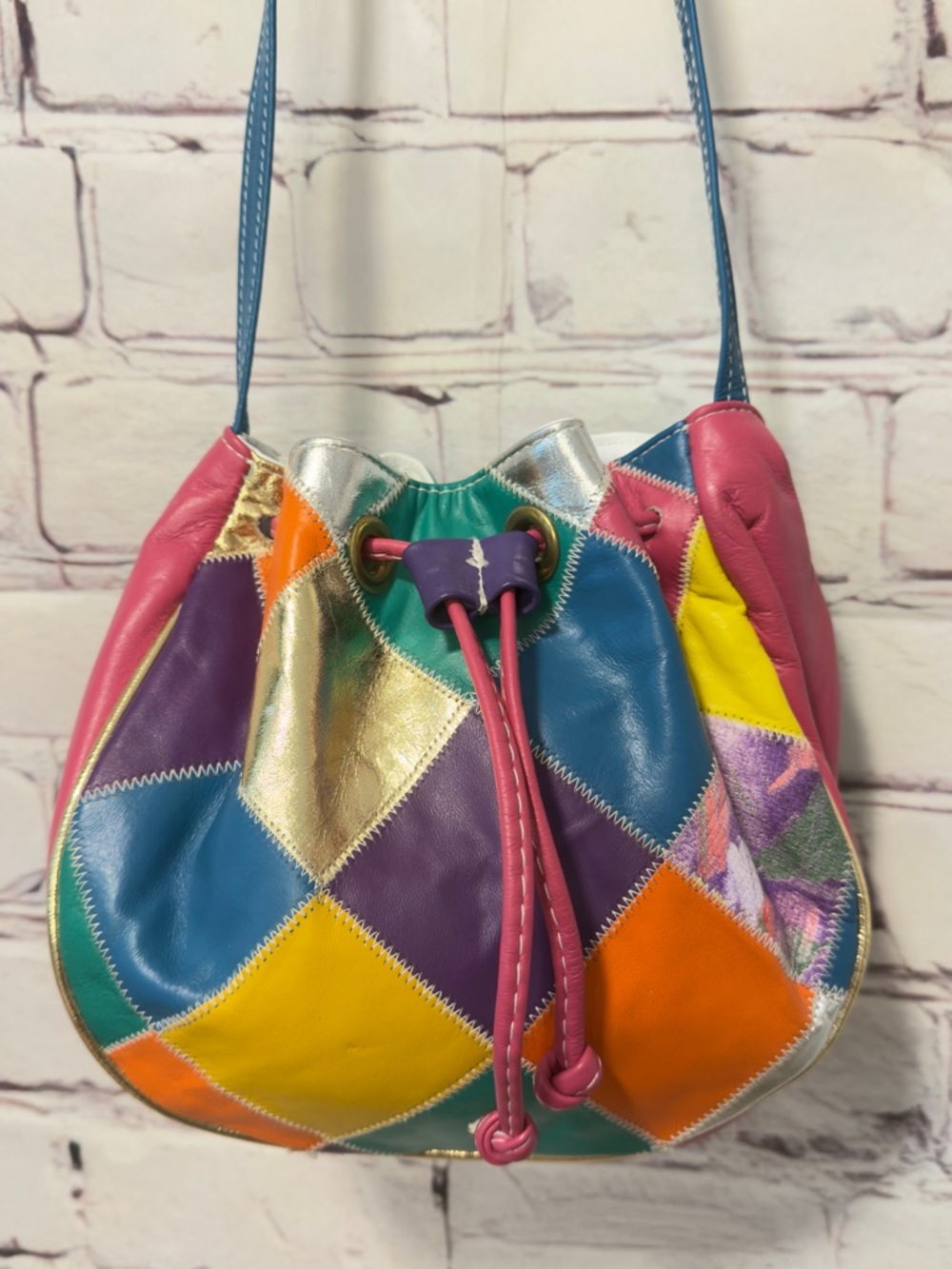VINTAGE RETRO COLORFUL LEATHER CINCH SHOULDER BAG 80’s 90’s Fun Funky - Picture 11 of 11